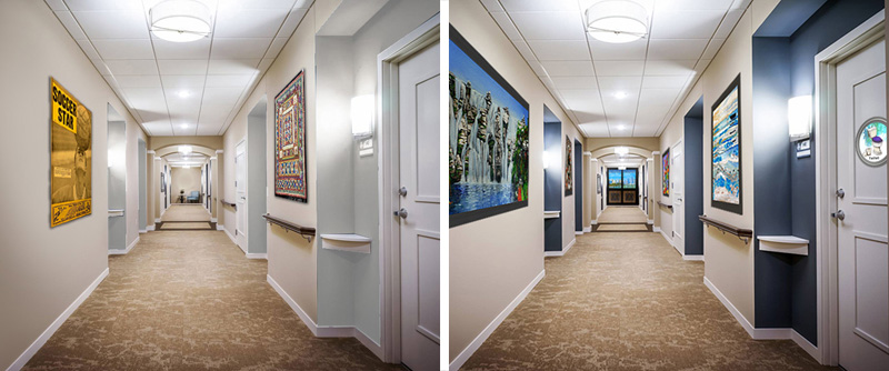 before and after of National Aged Care Principles and Guidelines 1.1 promote residents' culture using personal ojects and art in common areas vs good interior decorating principles for calm dementia design